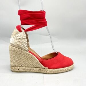 Castaner Womens 38 7.5 Carina Sandal Red Canvas Lace Up Wedge Espadrille Coastal